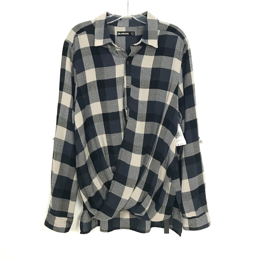 Blank NYC Wrap Front Check Button Hi Low Hem Shirt Blue Tan Large